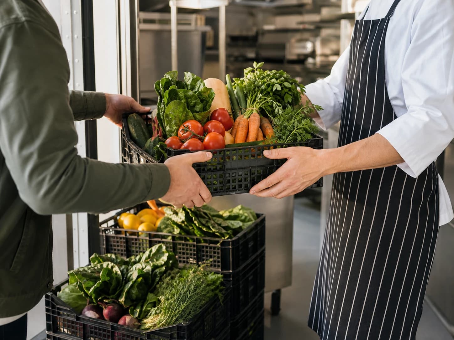Frische Obst- und Gemüsekisten werden an eine Küche übergeben