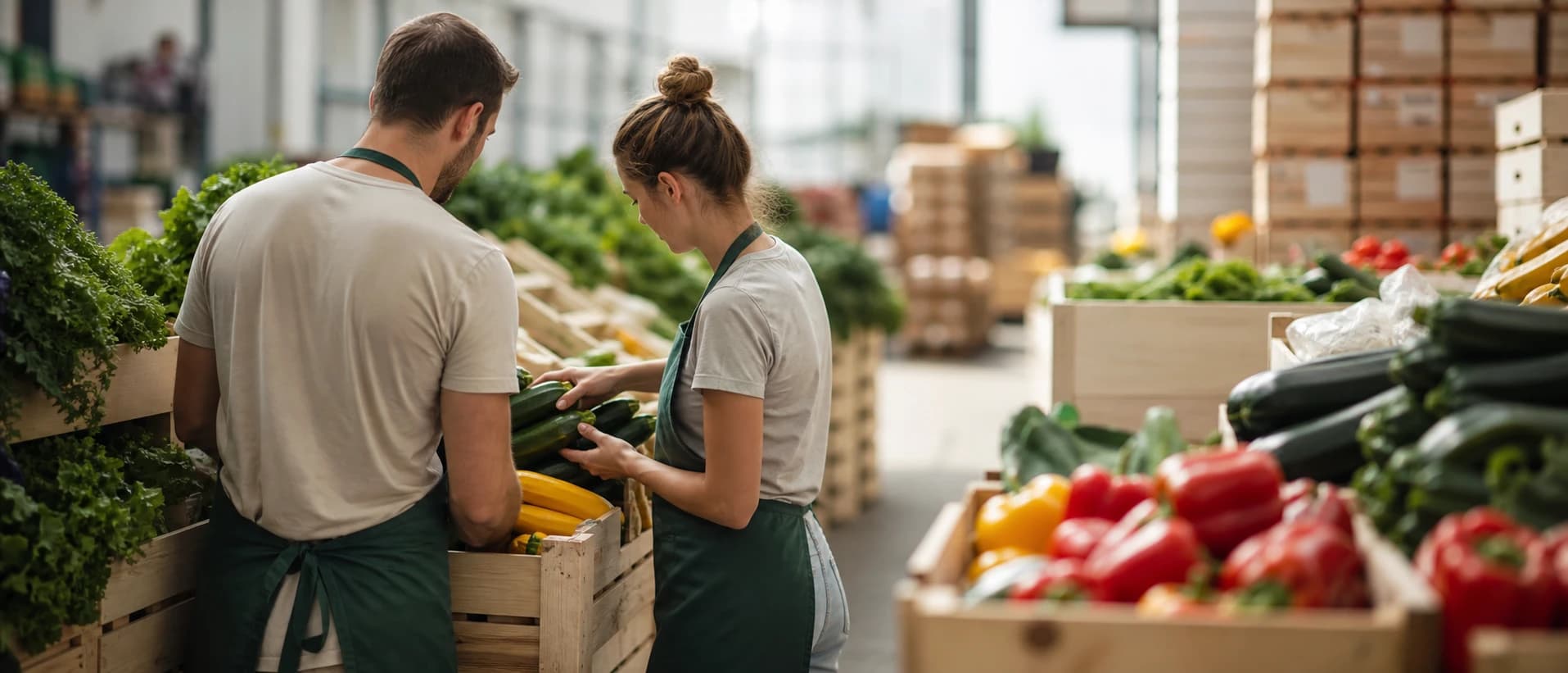 Team prueft frische Ware in einem Marktbereich